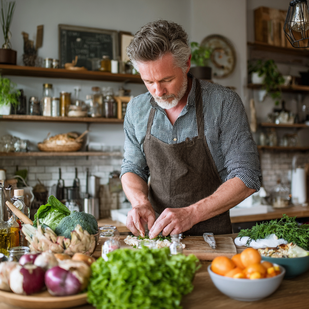 Mature adult man cooking healthy balanced meal at home kitchen counter