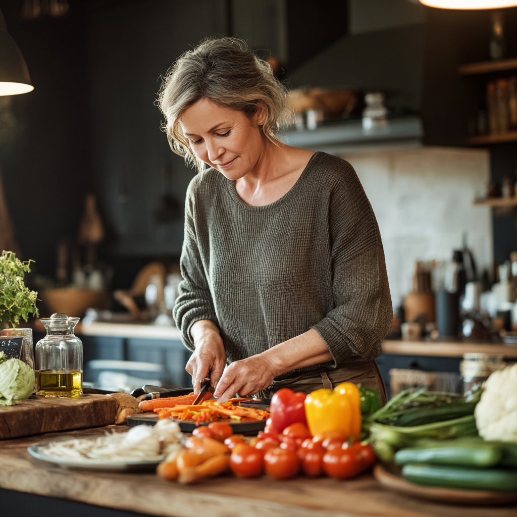 Middle-aged woman preparing healthy meal in modern kitchen with fresh vegetables